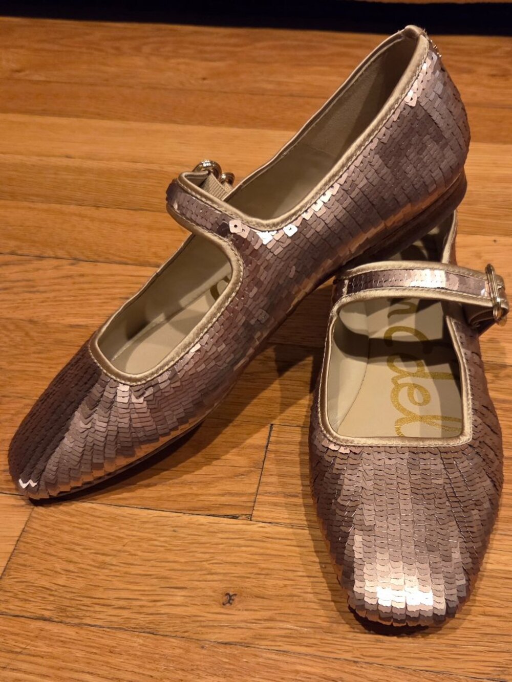 Sam Edelman Michaela Molten (Rose) Gold Sequin Mary Jane Square Toe Flats Sz 8.5